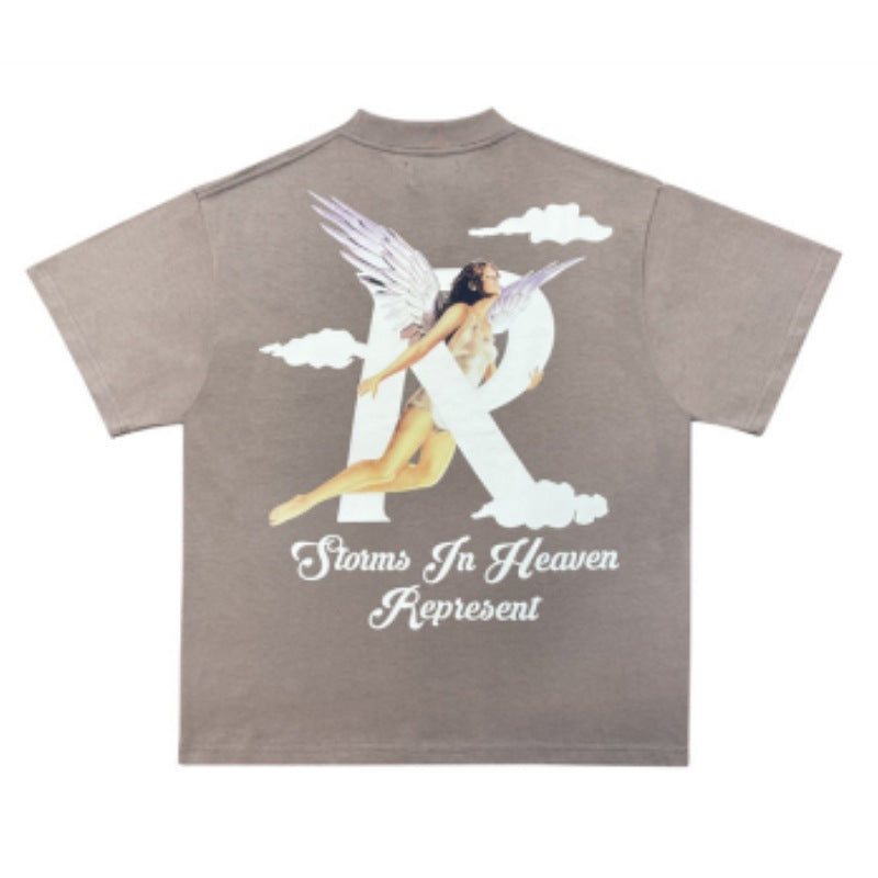 Correct Version Short Sleeve Angel Print High Street Pure Cotton Light Luxury Men And Women Couple Loose