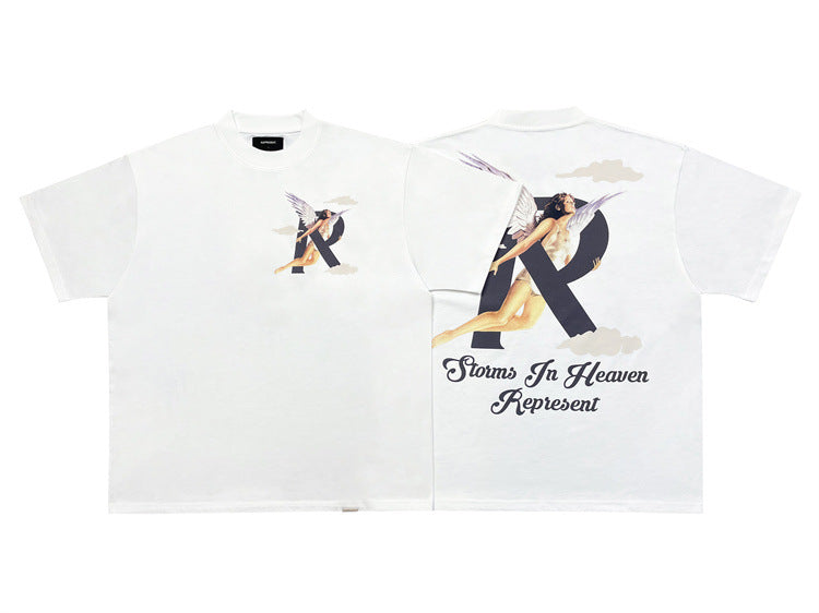 Correct Version Short Sleeve Angel Print High Street Pure Cotton Light Luxury Men And Women Couple Loose