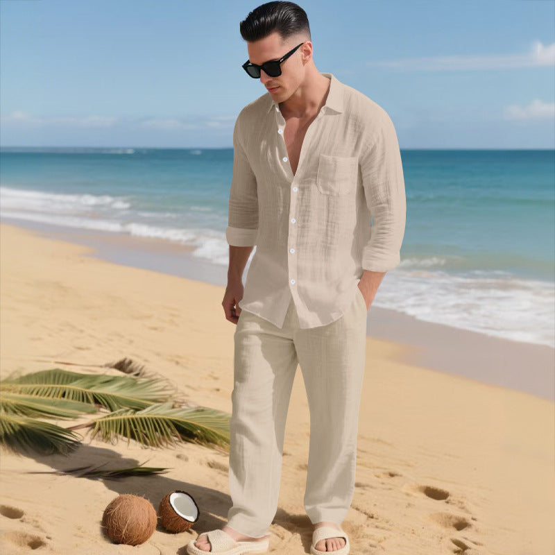 Beach Leisure Loose Collar Shirt Long Sleeve Pants Set