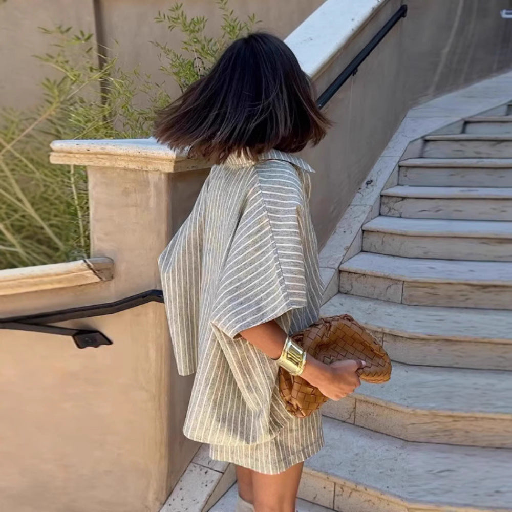 Striped Shirt Pocket Shorts Loose Leisure Suit Women