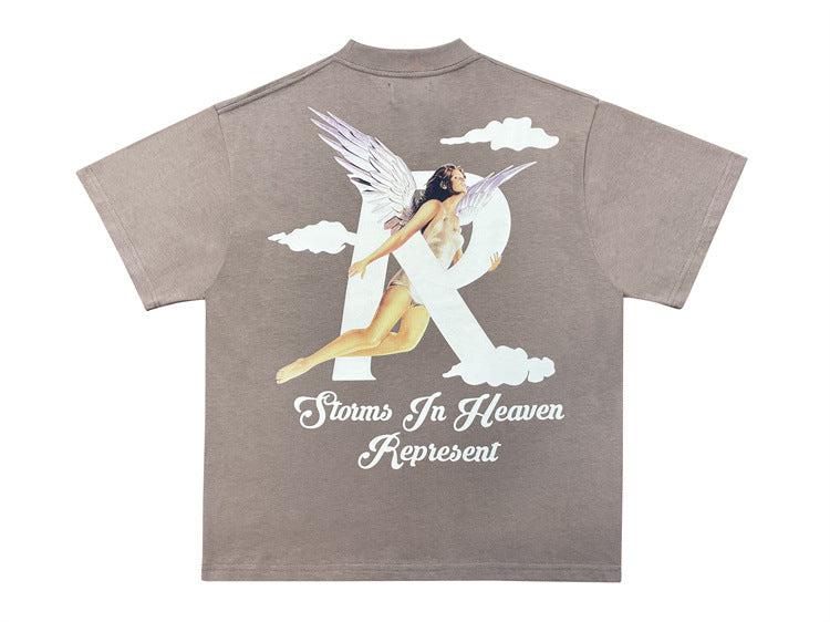 Correct Version Short Sleeve Angel Print High Street Pure Cotton Light Luxury Men And Women Couple Loose